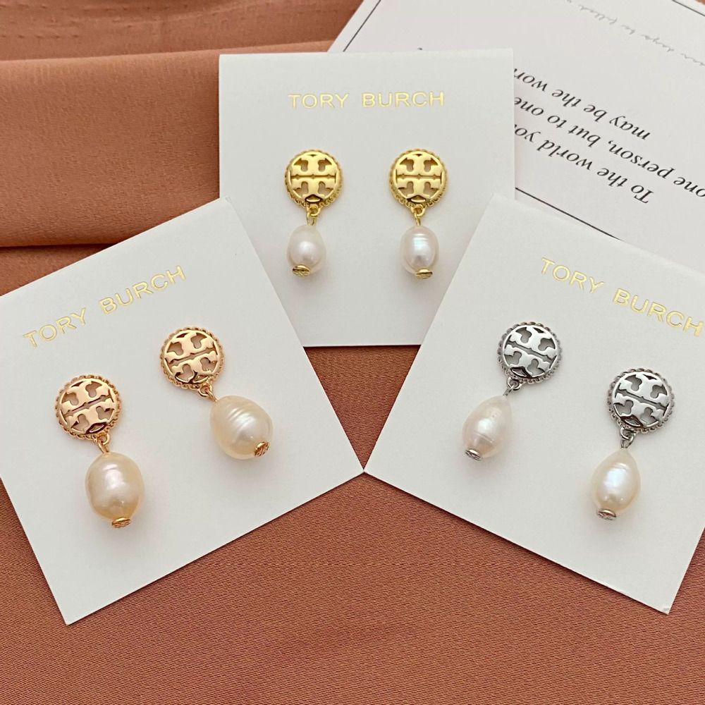 Tory Burch Inlaid Hollow Alphabet Freshwater Pearl Metal Drop Earrings